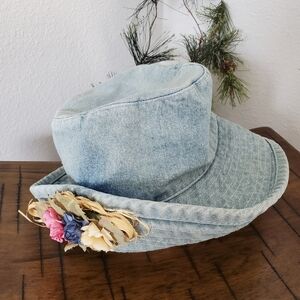 Vintage 90s Cotton Light Wash Denim Bucket Hat with Floral Raffia Detail